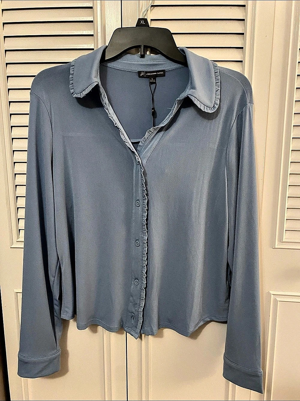 Adrianna Papell Ruffle Edge Knit Shirt in Blue Large NWT